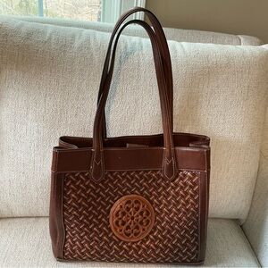 Brighton Brown Woven Leather Tote with Medallion Detail